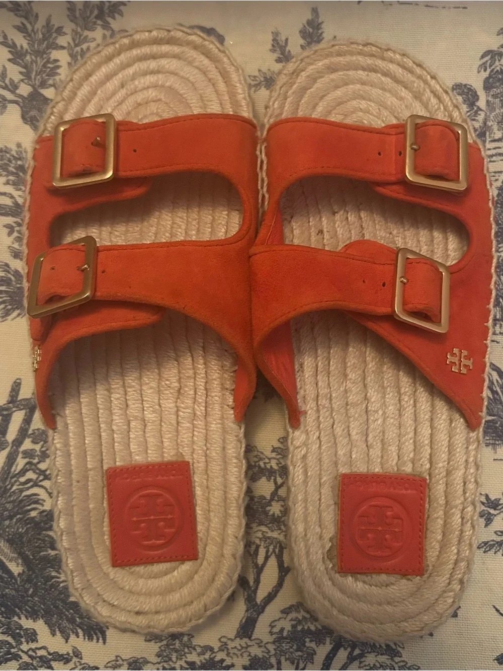 Tory Burch Selby Orange Suede Espadrille Slide Sandals Size 7 EUC
